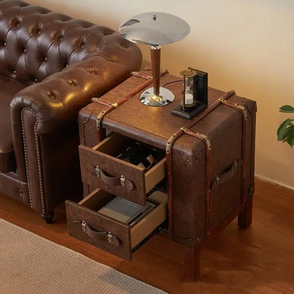 Contemporary Retro Leather Solid Wood Square Nightstand 2-Drawer For Bedroom - Image 3