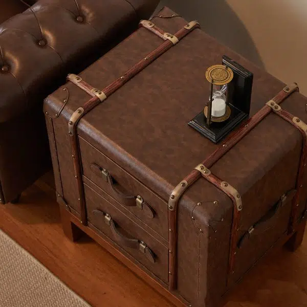 Contemporary Retro Leather Solid Wood Square Nightstand 2-Drawer For Bedroom - Image 7