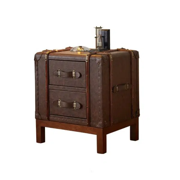 Contemporary Retro Leather Solid Wood Square Nightstand 2-Drawer For Bedroom - Image 11
