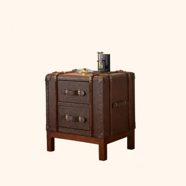 Contemporary Retro Leather Solid Wood Square Nightstand 2-Drawer For Bedroom - Image 10