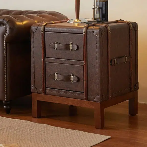 Contemporary Retro Leather Solid Wood Square Nightstand 2-Drawer For Bedroom - Image 9