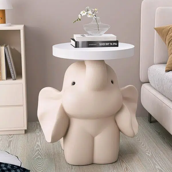 Contemporary Creative Fir Board Round Top Elephant Resin Base Side Table For Living Room - Image 11