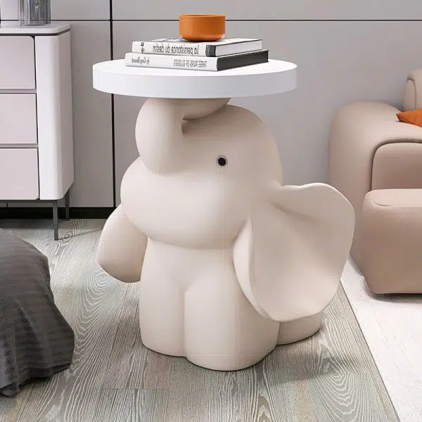 Contemporary Creative Fir Board Round Top Elephant Resin Base Side Table For Living Room - Image 2