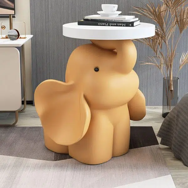 Contemporary Creative Fir Board Round Top Elephant Resin Base Side Table For Living Room - Image 3