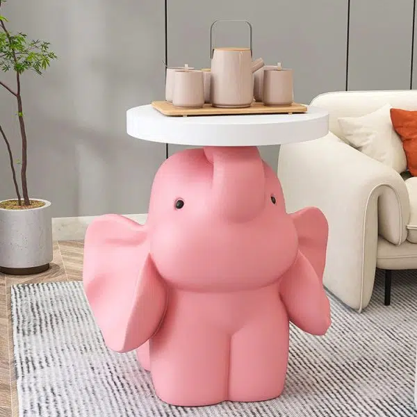 Contemporary Creative Fir Board Round Top Elephant Resin Base Side Table For Living Room - Image 9