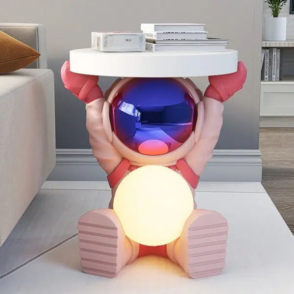 Contemporary Creative Fir Board Round Top Astronaut Resin Base Side Table For Living Room - Image 15