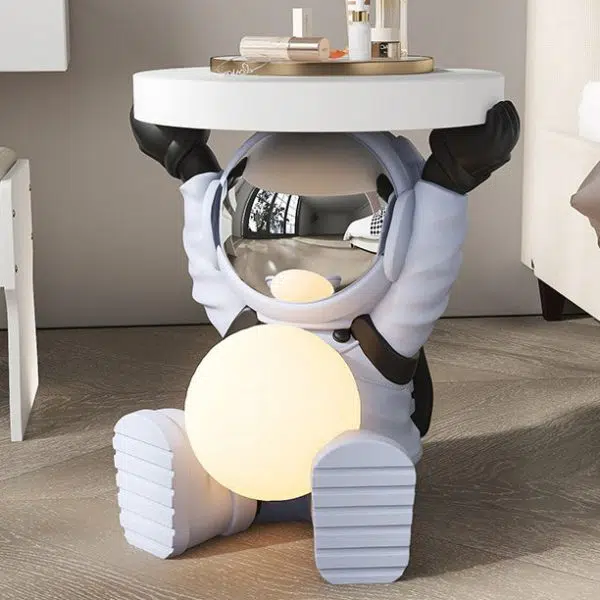 Contemporary Creative Fir Board Round Top Astronaut Resin Base Side Table For Living Room - Image 16