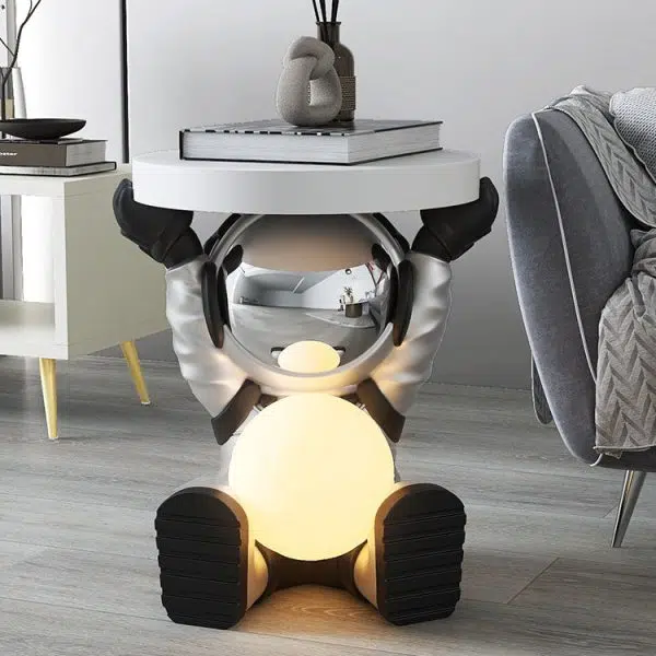 Contemporary Creative Fir Board Round Top Astronaut Resin Base Side Table For Living Room - Image 17