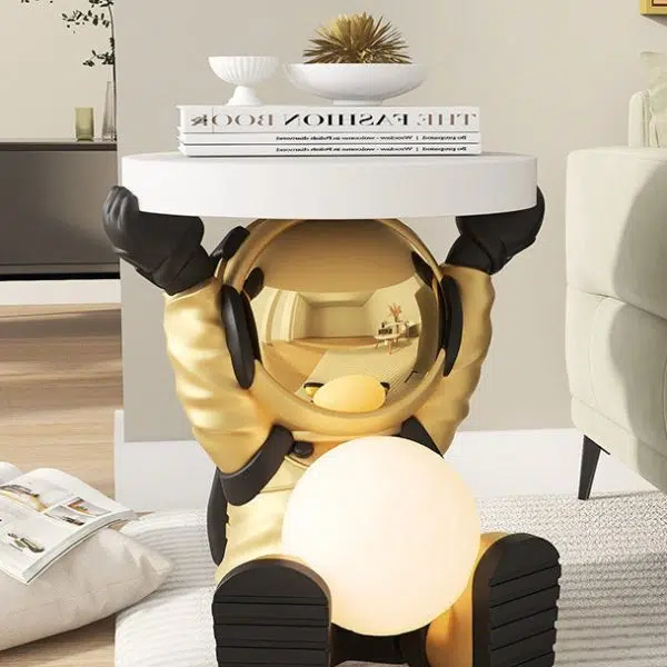 Contemporary Creative Fir Board Round Top Astronaut Resin Base Side Table For Living Room - Image 8