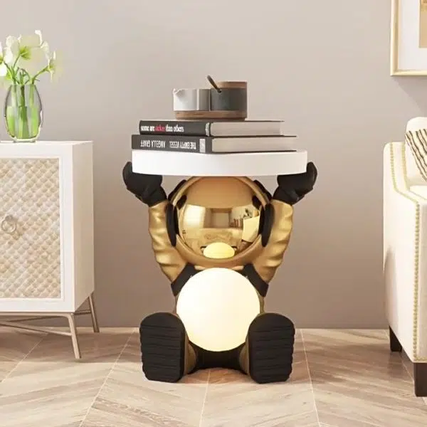 Contemporary Creative Fir Board Round Top Astronaut Resin Base Side Table For Living Room - Image 18