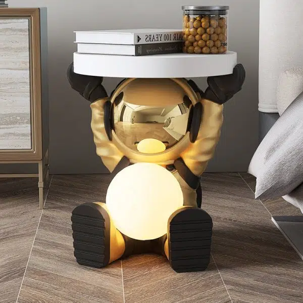 Contemporary Creative Fir Board Round Top Astronaut Resin Base Side Table For Living Room - Image 10