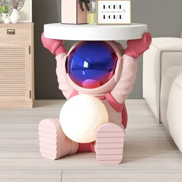 Contemporary Creative Fir Board Round Top Astronaut Resin Base Side Table For Living Room - Image 12