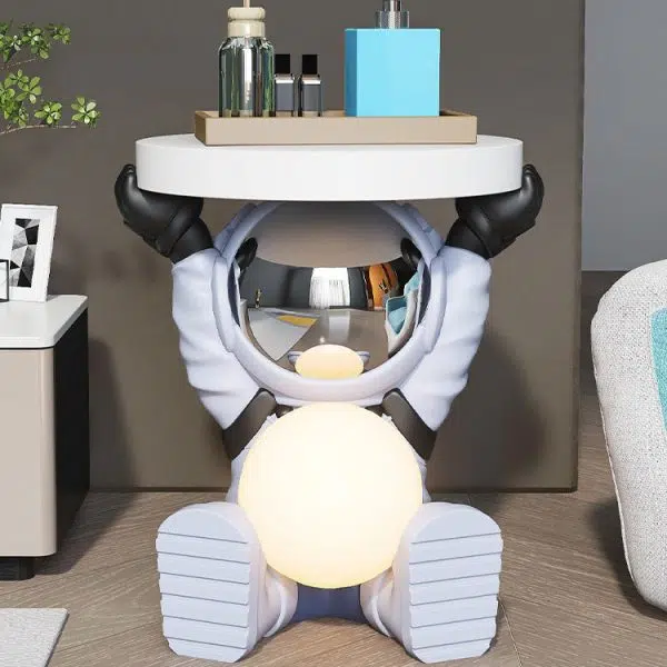 Contemporary Creative Fir Board Round Top Astronaut Resin Base Side Table For Living Room - Image 13