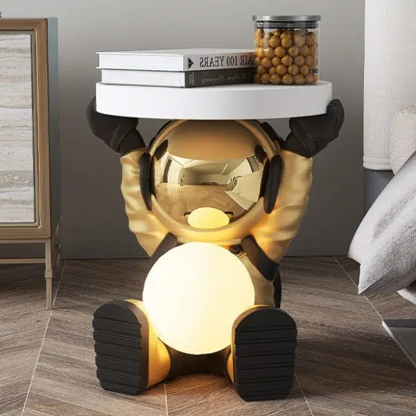 Contemporary Creative Fir Board Round Top Astronaut Resin Base Side Table For Living Room - Image 14