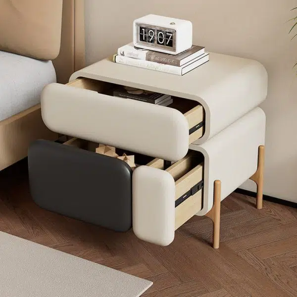Contemporary Nordic Microfiber Leather Veneered Solid Wood Cube Nightstand 3-Drawer For Bedroom - Image 3