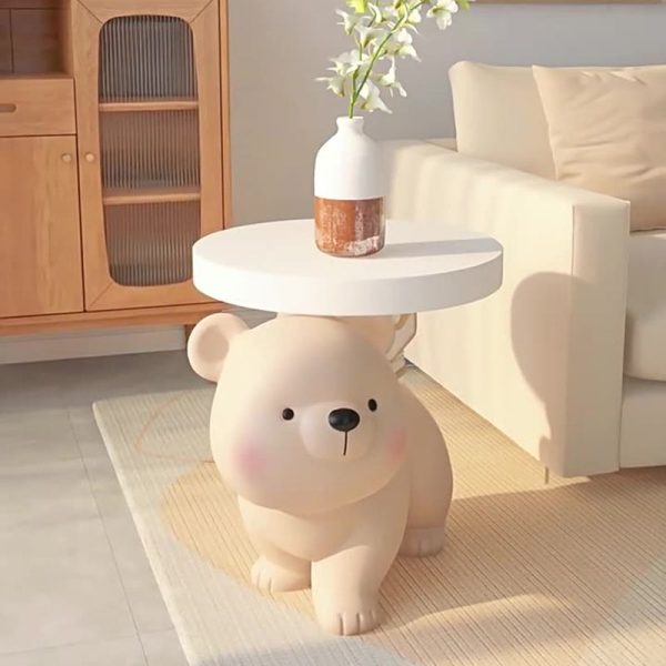 Contemporary Creative Fir Board Round Top Bear Resin Base Side Table For Living Room - Image 12