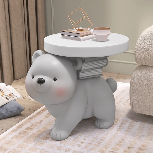 Contemporary Creative Fir Board Round Top Bear Resin Base Side Table For Living Room - Image 11