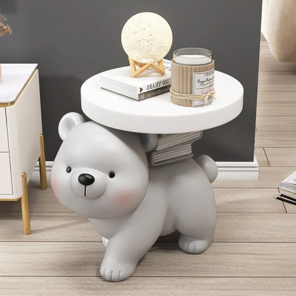 Contemporary Creative Fir Board Round Top Bear Resin Base Side Table For Living Room - Image 2