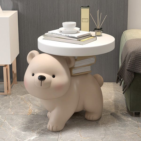Contemporary Creative Fir Board Round Top Bear Resin Base Side Table For Living Room - Image 3
