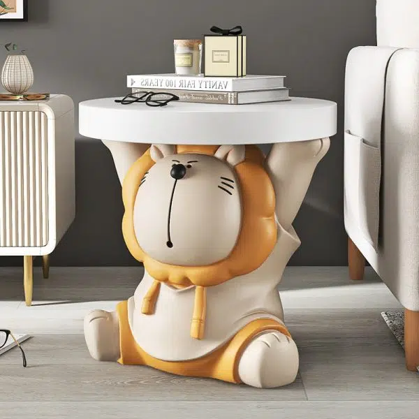 Contemporary Creative Animal Lion Resin Fiberglass Round Top Side Table For Living Room
