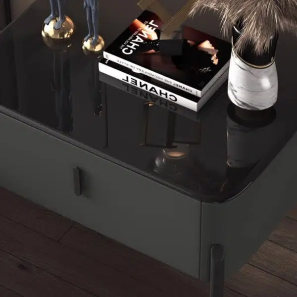 Contemporary Luxury Rectangular Tempered Glass Top Leather Veneered Solid Wood Frame Nightstand 1-Drawer For Bedroom - Image 8