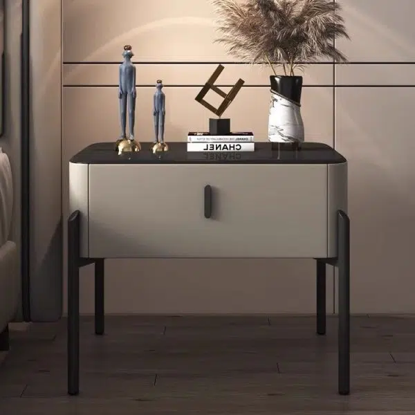 Contemporary Luxury Rectangular Tempered Glass Top Leather Veneered Solid Wood Frame Nightstand 1-Drawer For Bedroom - Image 13