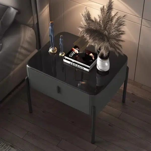 Contemporary Luxury Rectangular Tempered Glass Top Leather Veneered Solid Wood Frame Nightstand 1-Drawer For Bedroom - Image 11