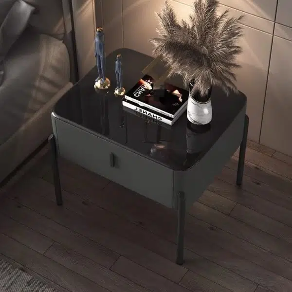 Contemporary Luxury Rectangular Tempered Glass Top Leather Veneered Solid Wood Frame Nightstand 1-Drawer For Bedroom - Image 3