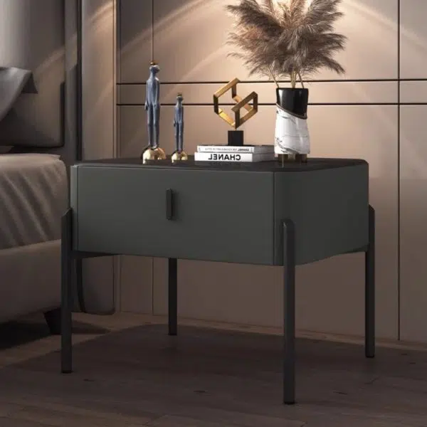 Contemporary Luxury Rectangular Tempered Glass Top Leather Veneered Solid Wood Frame Nightstand 1-Drawer For Bedroom - Image 2