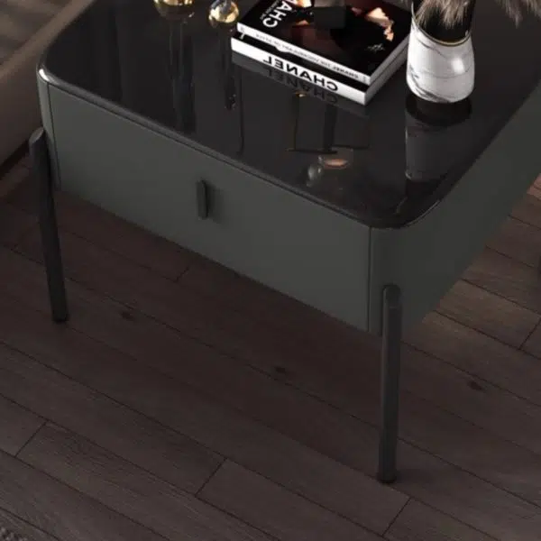 Contemporary Luxury Rectangular Tempered Glass Top Leather Veneered Solid Wood Frame Nightstand 1-Drawer For Bedroom - Image 9