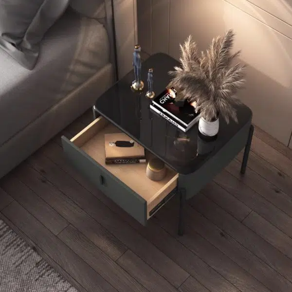 Contemporary Luxury Rectangular Tempered Glass Top Leather Veneered Solid Wood Frame Nightstand 1-Drawer For Bedroom - Image 10