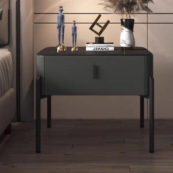 Contemporary Luxury Rectangular Tempered Glass Top Leather Veneered Solid Wood Frame Nightstand 1-Drawer For Bedroom - Image 12