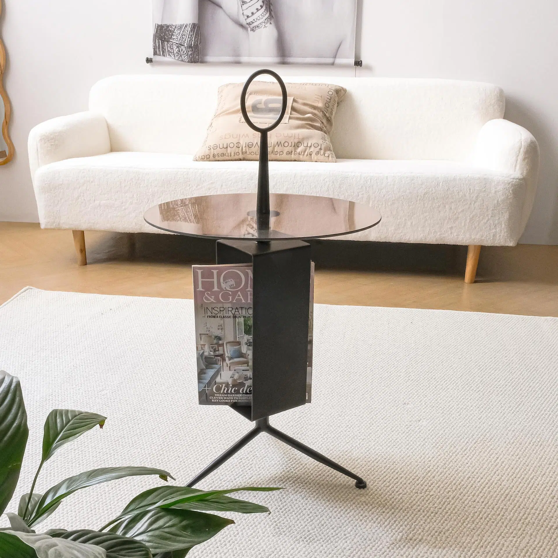 DFM-Table-FL04309-12.jpg Contemporary Nordic Glass Round Top Iron Tripod End Table Storage Shelf For Living Room - Image 1