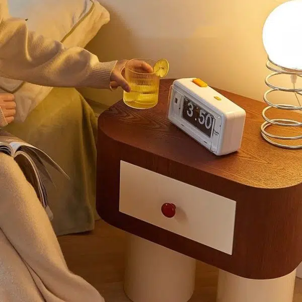 Contemporary Nordic Rounded Square MDF Top Solid Wood Base Nightstand 1-Drawer For Bedroom - Image 12