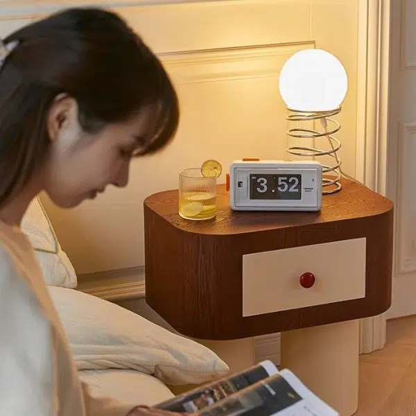 Contemporary Nordic Rounded Square MDF Top Solid Wood Base Nightstand 1-Drawer For Bedroom - Image 13