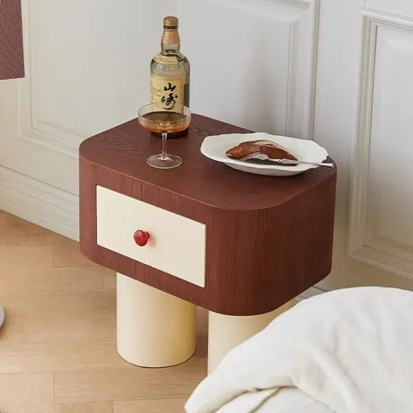 Contemporary Nordic Rounded Square MDF Top Solid Wood Base Nightstand 1-Drawer For Bedroom - Image 15
