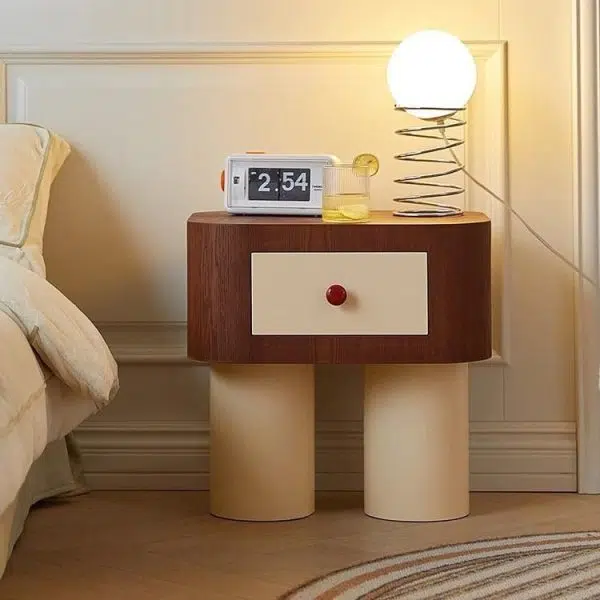 Contemporary Nordic Rounded Square MDF Top Solid Wood Base Nightstand 1-Drawer For Bedroom - Image 16