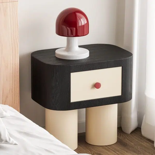 Contemporary Nordic Rounded Square MDF Top Solid Wood Base Nightstand 1-Drawer For Bedroom - Image 18