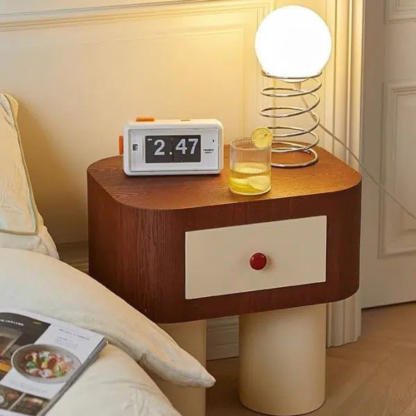 Contemporary Nordic Rounded Square MDF Top Solid Wood Base Nightstand 1-Drawer For Bedroom - Image 14