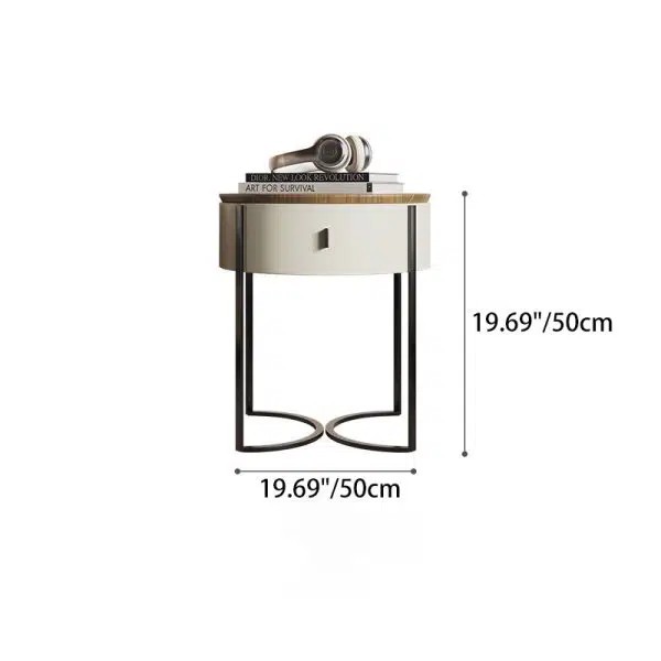 Contemporary Nordic Solid Wood Round Top Iron Nightstand 1-Drawer For Bedroom - Image 4