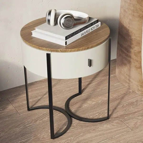 Contemporary Nordic Solid Wood Round Top Iron Nightstand 1-Drawer For Bedroom - Image 3