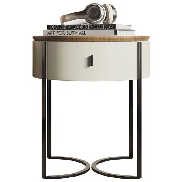 Contemporary Nordic Solid Wood Round Top Iron Nightstand 1-Drawer For Bedroom - Image 12
