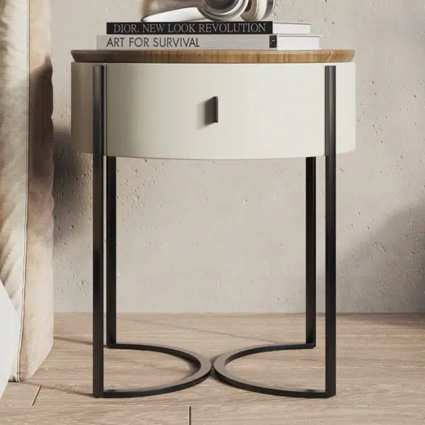 Contemporary Nordic Solid Wood Round Top Iron Nightstand 1-Drawer For Bedroom - Image 2