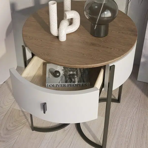 Contemporary Nordic Solid Wood Round Top Iron Nightstand 1-Drawer For Bedroom - Image 7
