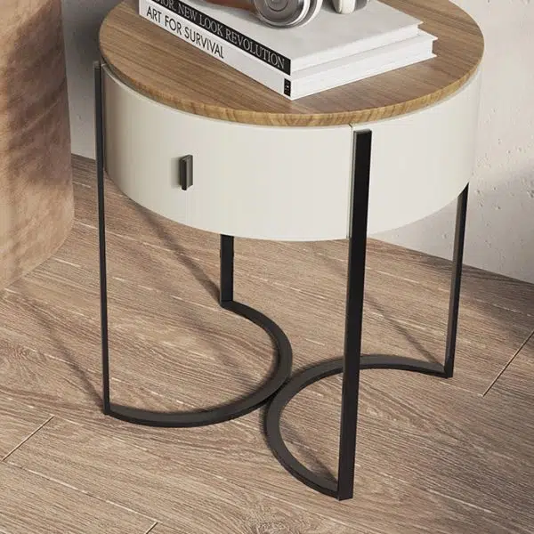 Contemporary Nordic Solid Wood Round Top Iron Nightstand 1-Drawer For Bedroom - Image 9