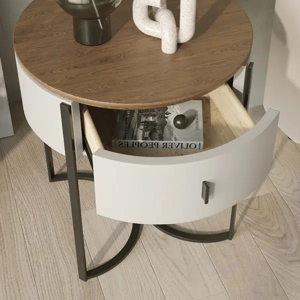 Contemporary Nordic Solid Wood Round Top Iron Nightstand 1-Drawer For Bedroom - Image 10