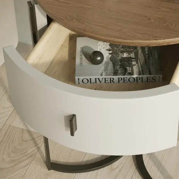 Contemporary Nordic Solid Wood Round Top Iron Nightstand 1-Drawer For Bedroom - Image 6