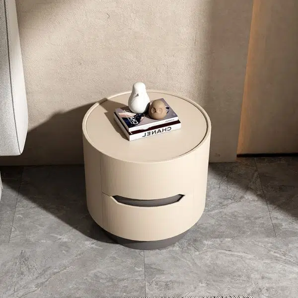 Contemporary Nordic Solid Wood Round Top Nightstand 2-Drawer Storage Cabinet For Bedroom - Image 10
