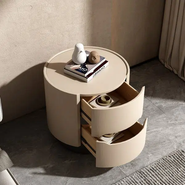 Contemporary Nordic Solid Wood Round Top Nightstand 2-Drawer Storage Cabinet For Bedroom - Image 6
