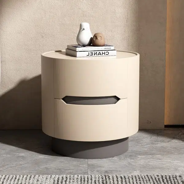 Contemporary Nordic Solid Wood Round Top Nightstand 2-Drawer Storage Cabinet For Bedroom - Image 2